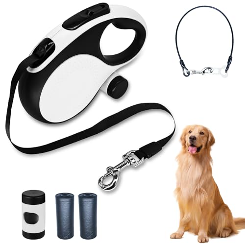 Retractable Dog Leash with Chew Proof Cable,26Ft Heavy Duty Dog Leash for Medium Large Dogs up to 110lbs,360°No Tangle,One-Handed Brake,Pause,Lock(White) - color: White, size: 26ft