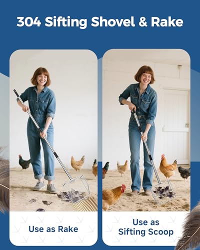 Chicken Poop Scooper & Rake 2-in-1,304 Stainless Steel Rustproof Shovel Head with 35" to 62" Adjustable Handle,Coop Cleaning Tool Scoop,Sifting Shovel for Goat Stall/Stable/Farm - size: 100% Stainless Steel-10 inch