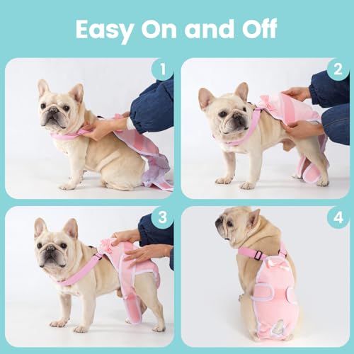 Avont 3 Pack Frenchie Dog Diapers Female, Washable Reusable Girl Doggie Pants for Period Heat Cycle, Full Body Cover Onesie with Adjustable Straps -Pink/Purple/Blue S - size: S