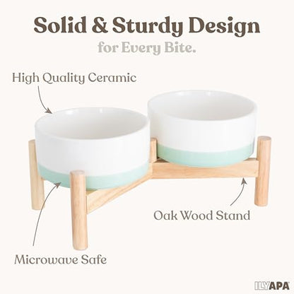 Ilyapa Ceramic Dog Bowls - Elevated for Medium Sized Pet with Raised Food and Water Set - Green Double 6 inch, 28 Oz Bowls & 13x6.3x5.5 Wooden Stand - color: Green