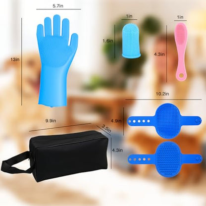 7 PCS Pet Grooming Kit for Dogs and Cats | Dog Washing Gloves | Dog Bath Brush | Cleanroom Gloves | Dog Shampoo Brush | Finger Toothbrushes | Storage Bag | All-in-One Pet Care (Ocean Blue) - color: Ocean Blue