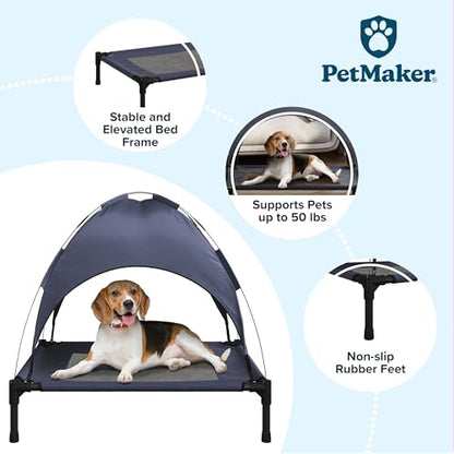 Elevated Dog Bed with Canopy - 30x24-Inch Portable Pet Bed with Non-Slip Feet - Indoor/Outdoor Dog Cot with Carrying Case by PETMAKER (Blue)