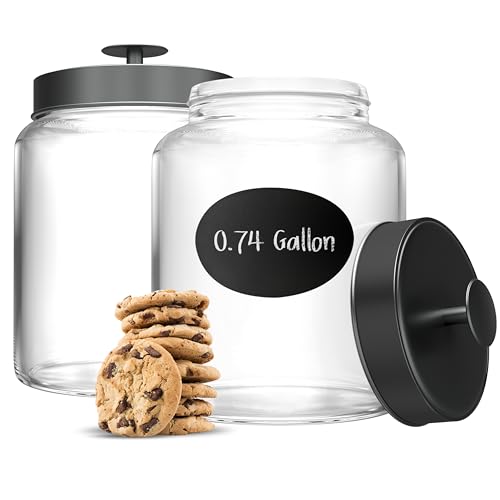 KooK Glass Kitchen Canister Set, Food & Storage Containers for Pantry, Bathroom Apothecary Jars, Tinplate Lids, Counter Organizers, 0.74 Gallon, Black, Set of 2 - color: Medium, Black Lid