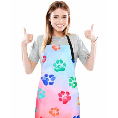 Dog Grooming Waterproof Apron with 2 Pockets, Cute Animals Puppy Dog Pets Apron - style: Watercolor Dog Paw