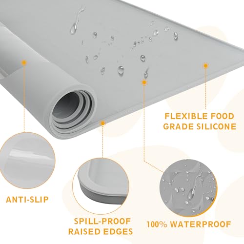 Extra Large Silicone Dog Food Mat 33.9"x21.9" – 0.27" Raised Edge Waterproof Pet Feeding Mat, Non-Slip Placemat for Multiple Bowls, Auto Feeders, Cat Fountains, Dishwasher Safe (Black/Gray) - color: Gray