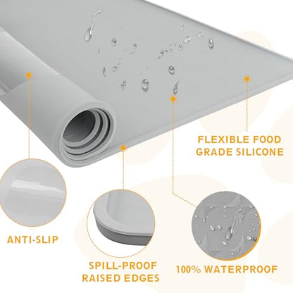 Extra Large Silicone Dog Food Mat 33.9"x21.9" – 0.27" Raised Edge Waterproof Pet Feeding Mat, Non-Slip Placemat for Multiple Bowls, Auto Feeders, Cat Fountains, Dishwasher Safe (Black/Gray) - color: Gray