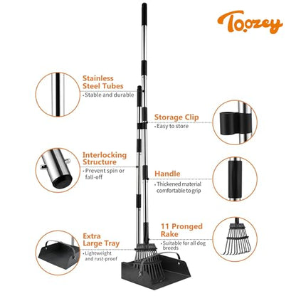 Toozey Dog Pooper Scooper for Large Dogs — 54" Extra Long Handle Poop Scooper for Yard Use, Extra Large Metal Tray & Bag Holder | Easy Cleanup for All Dog Sizes with 20 Bags - size: 54.33" Handle Rake