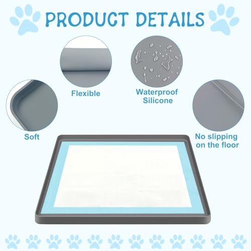 19pcs Puppy Pee Pad Tray Holder Set for Dogs, Non-Slip Silicone Dog Pee Pad Holder for 23.6" X 23.6" Training Pads, High Edge Easy Cleaning Pee Pad Tray with 8 Holder Clamps and 10pcs Puppy Potty Pad