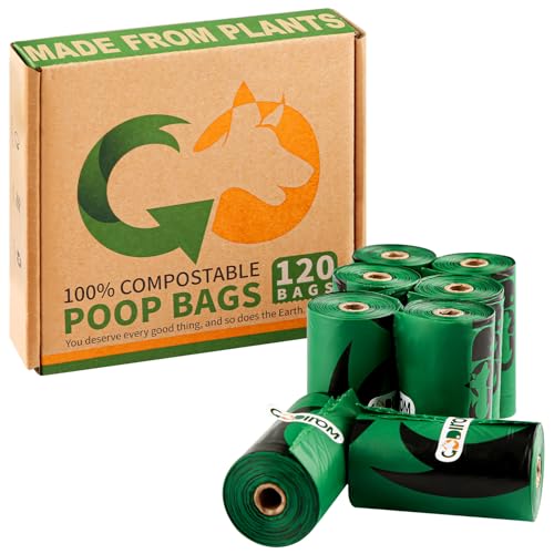 Certified 100% Home Compostable Poop Bags for Dogs, 120 Count Guaranteed Leak Proof and 18 Microns Extra Thick Waste Bag, 8 Rolls of Plant Based Doggie Poop Bag, No Scented with ASTM D6400 & EN13432 - color: Dark Green, size: 120 Count (Pack of 1)