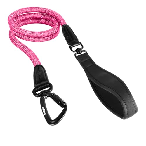 PetBonus Rope Dog Leash, 5 FT Heavy Duty Pet Nylon Leash with Auto Locking Aviation Aluminum Carabiner, Comfortable Padded Handle, Reflective Walking Training Lead for Medium Large Breeds (Pink) - color: Pink