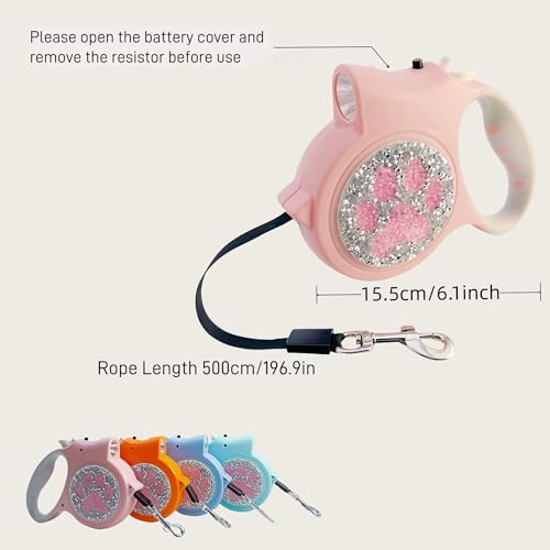 Led Retractable Dog Leash – 16ft Leash with Handcrafted Sparkle Detail Tangle-Free One-Hand Brake Soft Grip Handle for Small & Medium Dogs Up to 77lbs (DL-PK) - color: DL-PK
