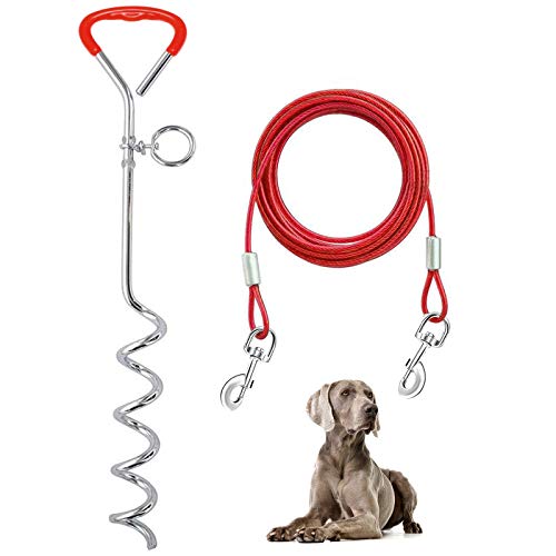 Supet Dog Tie Out Cable and Stake 32/16/10 ft Outdoor, Yard and Camping, for Medium to Large Dogs Up to 125 lbs, 16" Stake, 32/16/10 ft Cable with Durable Spring and Metal Hooks for Outdoor - color: Red, size: 16ft/5meter