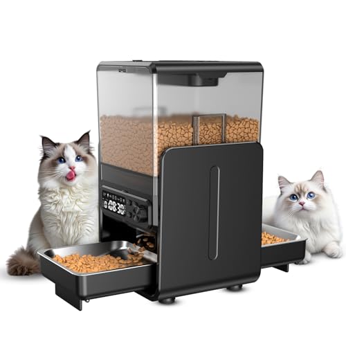 Automatic Cat Feeder for 2 Cats, 5L/20 Cups Food Dispenser with Adjustable Raised Double Bowls, Detachable Control Panel, Timed Cat and Dogs Feeder for Dry Food, Dual Power Supply