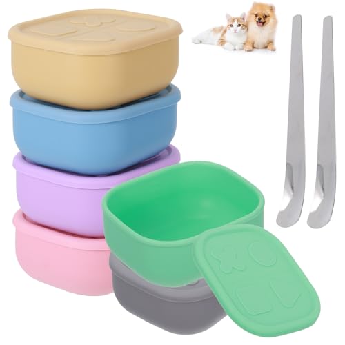 6 Packs Silicone Airtight Pets Food Storage Containers with Lids 12.85ozs Dog Cats Food Storage with 2pcs Steel Scoop Leakproof Meal Prep Kit for Canned Pet Food Storage