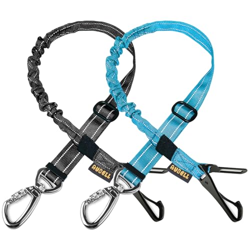 AUBELL Dog Seat Belt for Car,2 Pack Set 3-in-1 Adjustable Reflective Bungee Heavy Duty Dog Car Harness Tether with Clip Hook Latch & Buckle,Swivel Zinc Alloy Carabiner,Black+Blue - color: Set Black+Blue