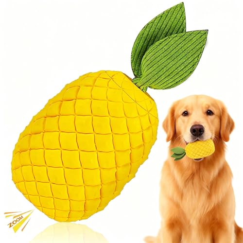 Pineapple Dog Toy for Aggressive Chewers, Tough Rubber | with Squeaker for Medium & Large Dogs, Puppy Teething Toy, Interactive Chew Toy, Helps Clean Teeth - size: Large