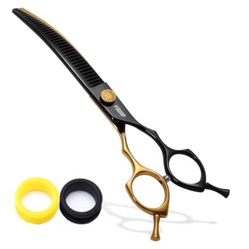 Professional Curved Chunkers Shears Dog Grooming 7.5'' Black & Gold Curved Thinning Dog Grooming Scissors for Large Dogs Pet 35 Teeth Japan 440C(Curved Chunkers,Black Gold) - color: Black & Gold, size: 7.5 in Curved Chunkers