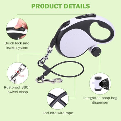 SCENEREAL Retractable Dog Leash for Small Medium Large Dogs up to 110lbs, 26ft 360° Tangle-Free Nylon Tape with Anti-Chewing Wire Rope&Waste Bag Dispenser, Heavy Duty Long Durable One-Handed Brake - color: Chew Proof (Black & White /26ft)