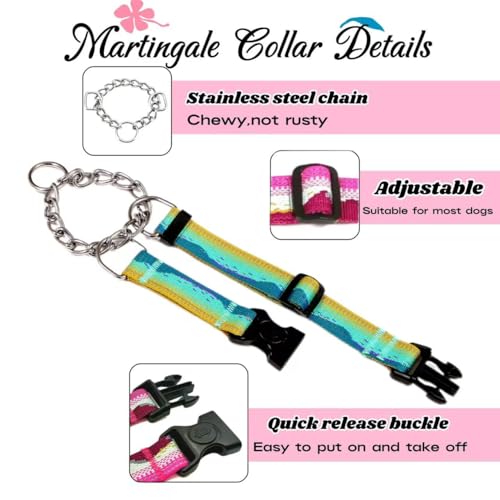 Martingale Dog Collars with Stainless Steel Chain, Reflective No Pull Walking Training Collar with Quick Release Buckle, Adjustable Slip Chain Nylon Dog Collars for Small Medium Large Dogs - color: Yellow and blue, size: Medium