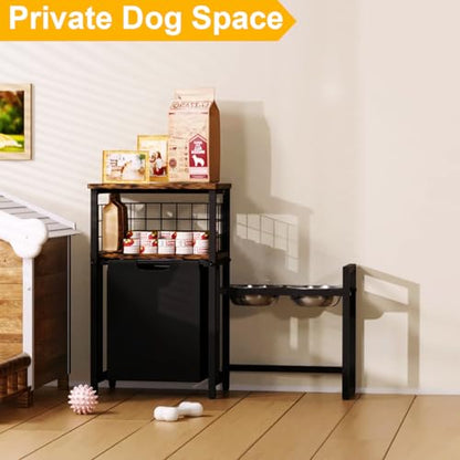 30.6Long x 26.2 High Elevated Dog Bowl Stand with Pet Food Storage Organizer, Adjustable Raised Feeding Station with Toy Basket for Large Medium Small Dogs and Cats, Black - color: Black