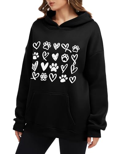 Womens Dog Paw Hoodie-Long Sleeve Pullover Fleece Lined Dog Mom Sweatshirts with Pocket - color: A-black, size: Large