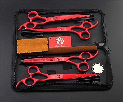 Purple Dragon Professional 7.0 inch 4PCS Pet Grooming Scissors Kit Japan Premium Steel Straight & Curved & Thinning Blade Dog Hair Cutting Shears Set with Case - color: Red