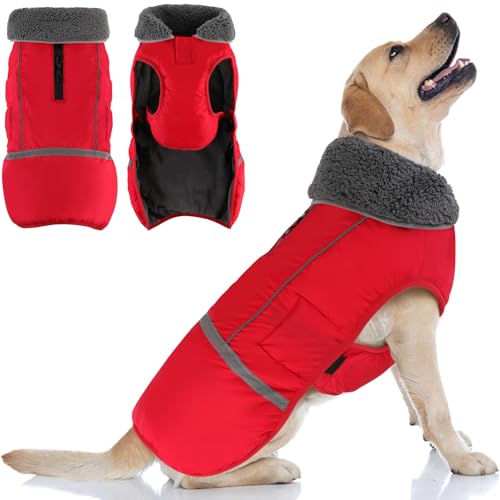 Doglay Dog Coat, Waterproof Dog Jacket Pet Winter Coat for Cold Weather with Thicken Furry Collar, Reflective Puppy Winter Jacket Warm Fleece Lining for Small Medium Large Pets - color: Red, size: S(Chest : 11-18.11" , Back : 9.84")