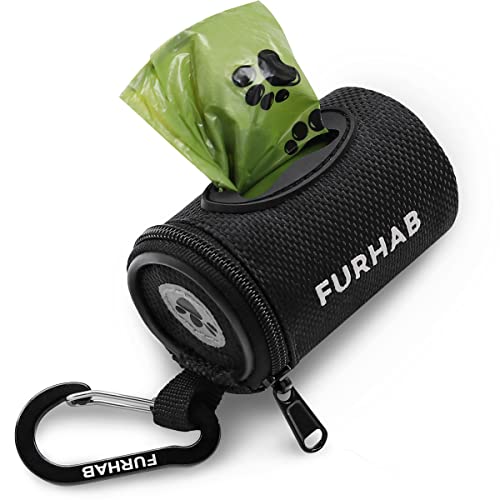 FURHAB Dog Poop Bag Holder for Leash Doggie Waste Bag Dispenser Soft Fabric Puppy Potty Carrier Small Doggy Zipper Pouch with Carabiner Clip with 1 Roll of Pet Trash Bags, Black - color: Black