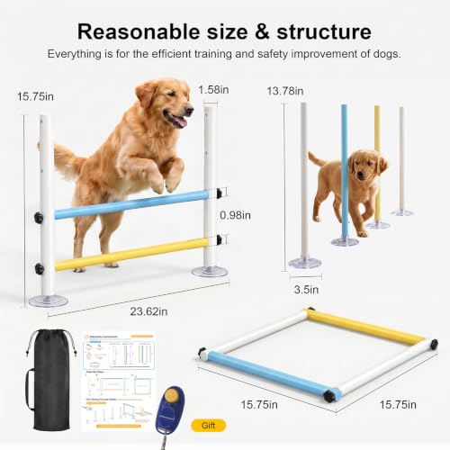 Wooden dog obstacle course indoor,Dog Agility Equipment with Suction Cups, Adjustable Puppy Play Gym Agility Hurdles,3-in-1 Dog Training Toys for Small Dogs, Portable Indoor Starter Kit with Guide