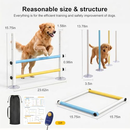 Wooden dog obstacle course indoor,Dog Agility Equipment with Suction Cups, Adjustable Puppy Play Gym Agility Hurdles,3-in-1 Dog Training Toys for Small Dogs, Portable Indoor Starter Kit with Guide