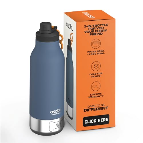 asobu Dog Barky Bottle – Insulated Stainless Steel Water Bottle with 2 Removable Dog Bowls for Food, Treats & Water – Pet-Friendly Travel Bottle for Hiking, Road Trips & Outdoor Adventures - color: Blue