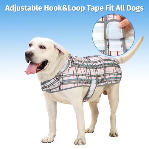 Dog Raincoat for Large Dogs Waterproof Jacket Hooded Rain Coats with Reflective Strips Leash Hole & Poncho Adjustable Fit (Plaid,XL) - color: Khaki Plaid, size: X-Large