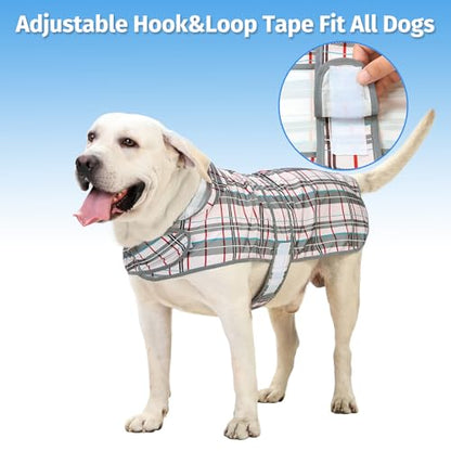 Dog Raincoat for Large Dogs Waterproof Jacket Hooded Rain Coats with Reflective Strips Leash Hole & Poncho Adjustable Fit (Plaid,XXL) - color: Khaki Plaid, size: XX-Large