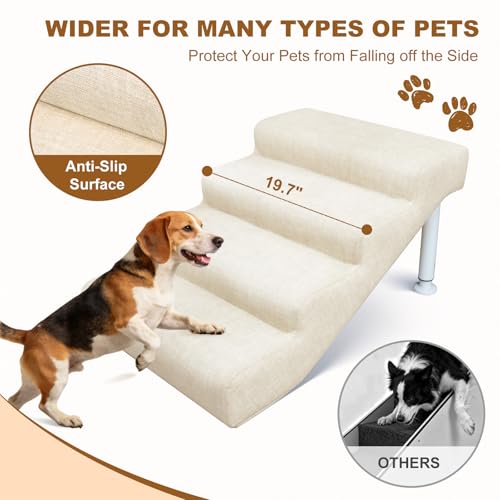 Linen Faux Leather Adjustable Dog Stairs & Steps for Bed and Sofa,4-Step | Adjustable Height 14.5"-17.7" Pet Ramp for Small to Large Dogs,150lbs Load Capacity,Waterproof, Scratch-Resistant