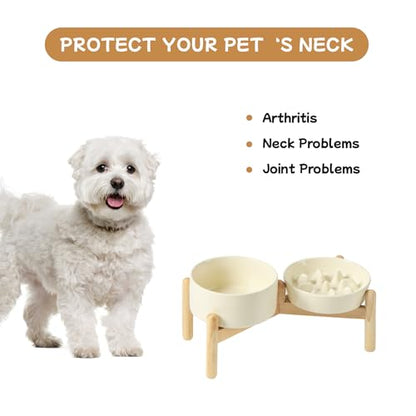 Havniva 6.1” Raised Slow Feeder Dog Bowls Set, 0.9 Cups Ceramic Slow Feeder Dog Bowl and 6.1” Dog Water Bowl with Elevated Wooden Stand Puzzle Dog Food Bowl for Small Dogs Anti-Gulping & Anti-Choking - color: 2 x Light Yellow+Stand-C, size: 6.1inch