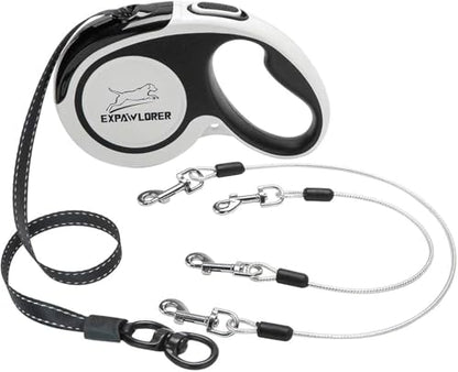 EXPAWLORER Retractable Double Dog Leash - Chew Proof, 2 No Tangle Strong Wire Ropes, 16 ft Heavy Duty Walk Leash for Medium & Large Dogs (Black & White)