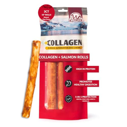 Wild Eats Salmon Flavor Collagen Cheek Roll Chew 10" 3pk Pig Ear Substitute | Long lasting treats and bones for medium dogs, retriever style texture, 3 per bag, satisfies natural gnawing urges daily - size: 11 Ounce (Pack of 3)