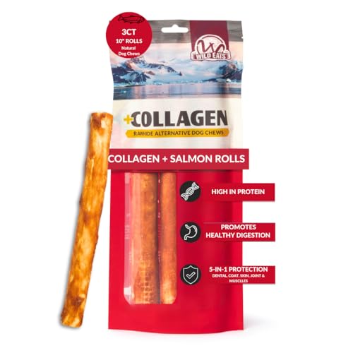 Wild Eats Salmon Flavor Collagen Cheek Roll Chew 10" 3pk Pig Ear Substitute | Long lasting treats and bones for medium dogs, retriever style texture, 3 per bag, satisfies natural gnawing urges daily - size: 11 Ounce (Pack of 3)