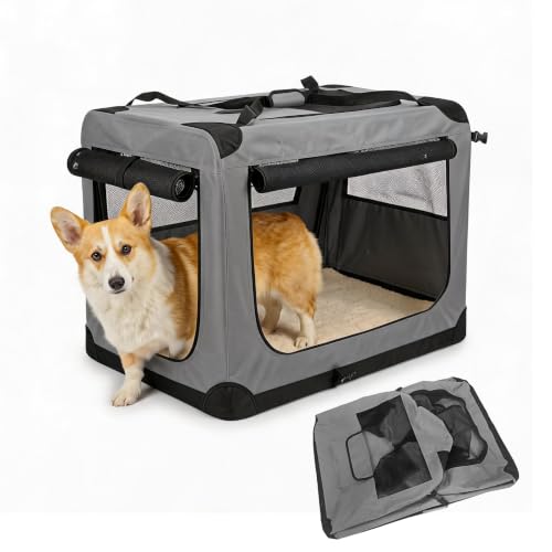 24 Inch Soft Dog Crate Collapsible 3-Door Travel Kennel for Large Dogs Indoor Outdoor Car Use, with Portable Fleece Bed, Side Pocket & Safety Zippers - size: M 24x16.5x16.5''
