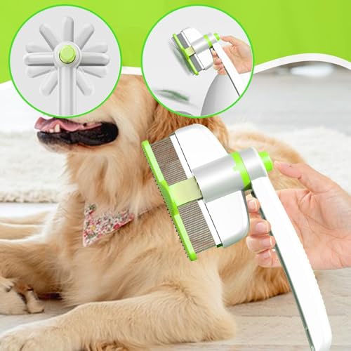Pets Grooming Comb - Dog Hair Comb | Rotation Design Pet Grommer Comb with Release Button | Detangling Cat Comb | Dematting Comb | Cat Comb for Pets Removing Loose Hair for Shedding and Detangling - color: Green