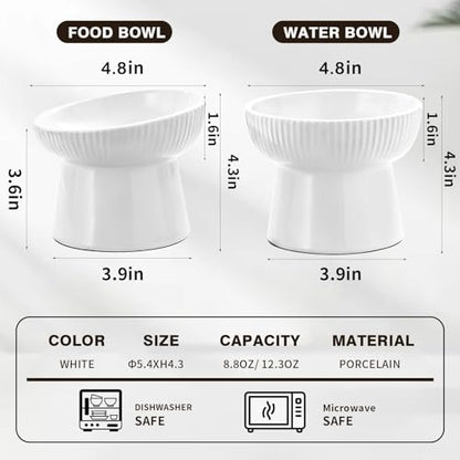 Elevated Cat Food Bowl, Ceramic Raised and Tilted Water Bowl, Whisker Fatigue Cat Bowls for Indoor Cats, Anti Vomiting and Protect Spines Pet Feeding Dishes for Kittens Small Dog, Heavy Non-Slip Base - color: White