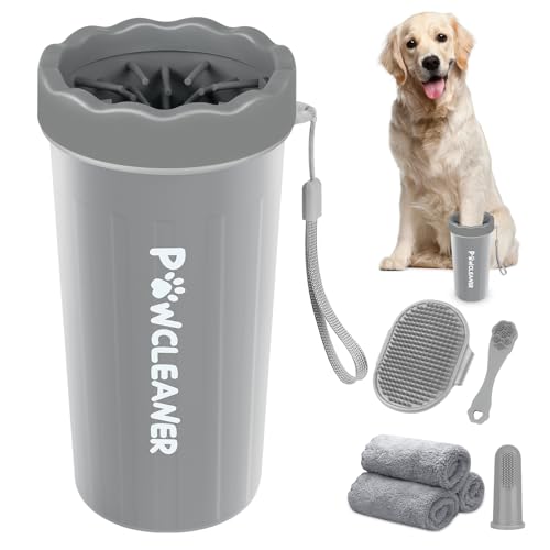 Professional 7 in 1 Dog Paw Cleaner for Dogs & Cats - Includes 1 Portable Paw Washer, 1 Bath Brush, 2 Dog Toothbrushes and 3 Absorbent Towels Note: Fits Paws 2.5 to 3.5 Inches Wide (Large, Grey) - color: Grey, size: Large