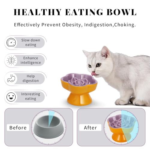 S&Q's Ceramics Raised Slow Feeder Cat Bowl, Ceramic Elevated Food Bowl Small Dogs Slow Feeder, Flower Shaped Cute Pet Dish for Dry and Wet Food (Purple, 5.8") - color: Purple