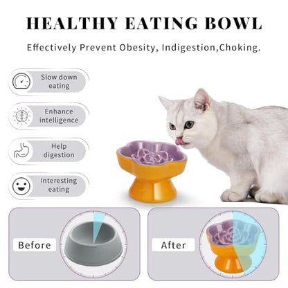S&Q's Ceramics Raised Slow Feeder Cat Bowl, Ceramic Elevated Food Bowl Small Dogs Slow Feeder, Flower Shaped Cute Pet Dish for Dry and Wet Food (Purple, 5.8") - color: Purple