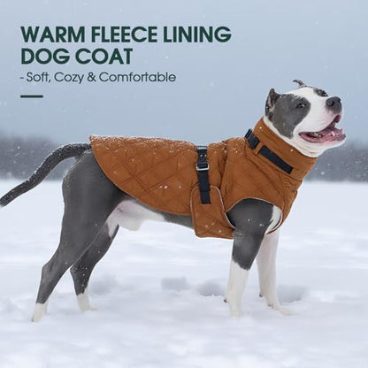 Kuoser Dog Coat Warm Fleece Lining Turtleneck Dog Jacket with Harness Built-in, Adjustable Windproof Cold Weather Coats with Quick Release Buckle Pet Winter Snowsuit for Extra Large Dogs, Khaki 2XL - color: Khaki, size: Xx-large (Chest Girth: 35.4")