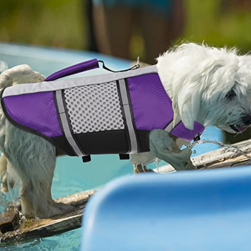 Queenmore Dog Life Jacket Swimming Vest Lightweight High Reflective Pet Lifesaver with Lift Handle, Leash Ring Purple,S - color: Purple, size: Small
