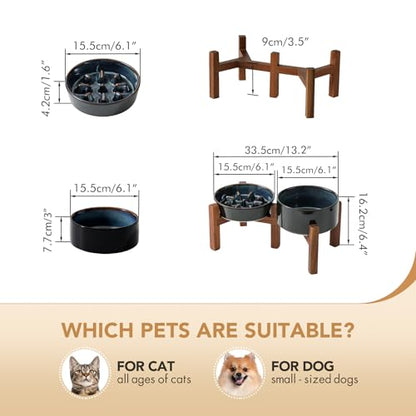 Havniva 0.9 Cup Elevated Slow Feeder Dog Bowls, 6.1” Dog Slow Feeding Bowls + 6.1” Ceramic Dog Water Bowls Set with Acacia Wood Stand, Dog Food Bowls Puzzle Feeder for Small Dogs Non-Slip Anti-choking - color: 2 x Starry Sky + Stand - C, size: S- 6.1inch
