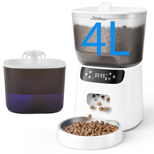 Automatic Cat Feeder and Water Fountain, 4L/16 Cups Timed Cat Dry Food Dispenser, 10s Meal Call, 20 Portions 6 Meals Per Day, 2L Cats Fountains for Drinking with Filter, Pet Feeder for Dog White - color: White, size: 4L/16 Cups