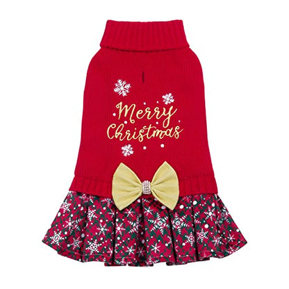 CuteBone Christmas Dog Sweater Dress Turtleneck Puppy Sweater with Bowtie Leash Hole Pullover Winter Dress for Small Dogs - color: Merry Christmas 1, size: X-Small