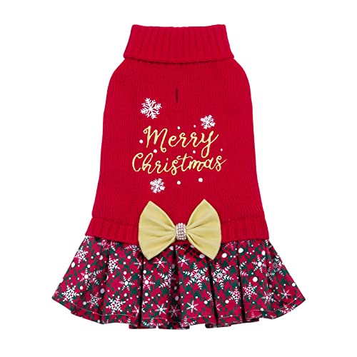 CuteBone Christmas Dog Sweater Dress Turtleneck Puppy Sweater with Bowtie Leash Hole Pullover Winter Dress for Small Dogs - color: Merry Christmas 1, size: Small